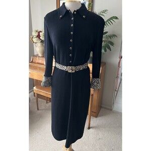 ST. JOHN Collection Black Santana Knit Dress, Animal Print Belt, Cuffs, Size 10